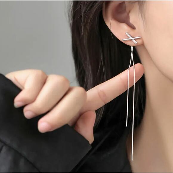 NEW - long dangle earrings, tassel earrings, silver, cross, chain earrings - Picture 3 of 4